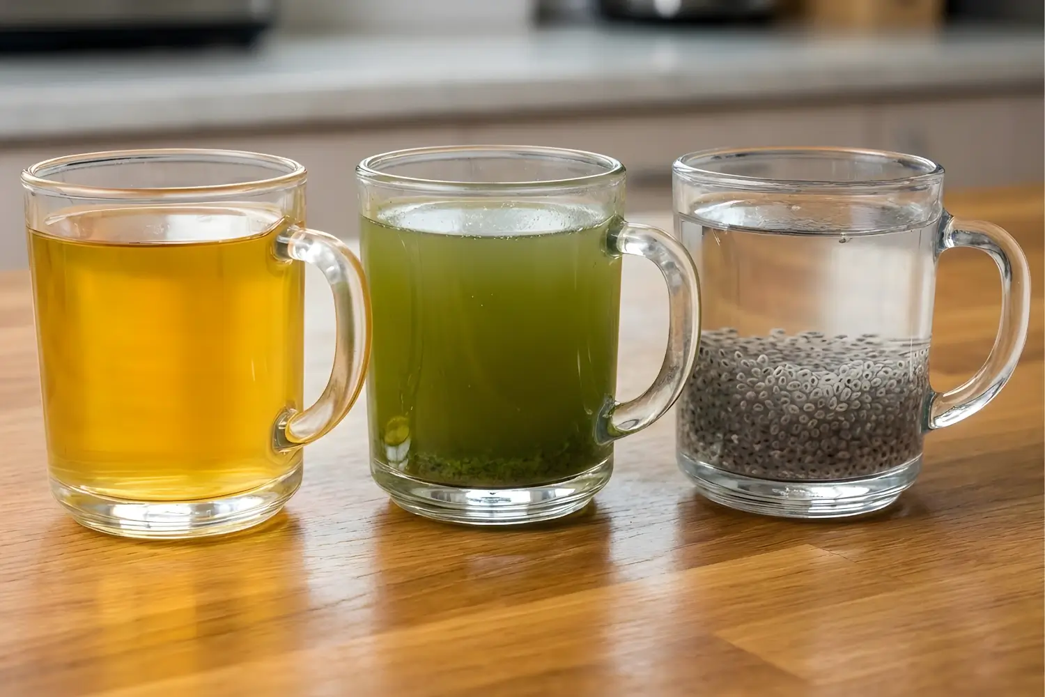 Comparison of viral weight loss drinks including gelatin drink, green detox drink, and chia seed water