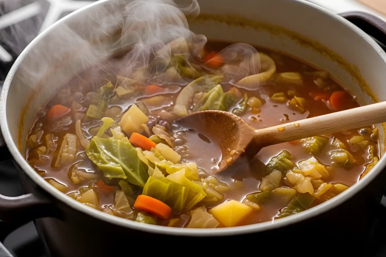 Pot of simmering vegetable soup with cabbage, carrots, and potatoes for Cabbage Soup Diet Recipe
