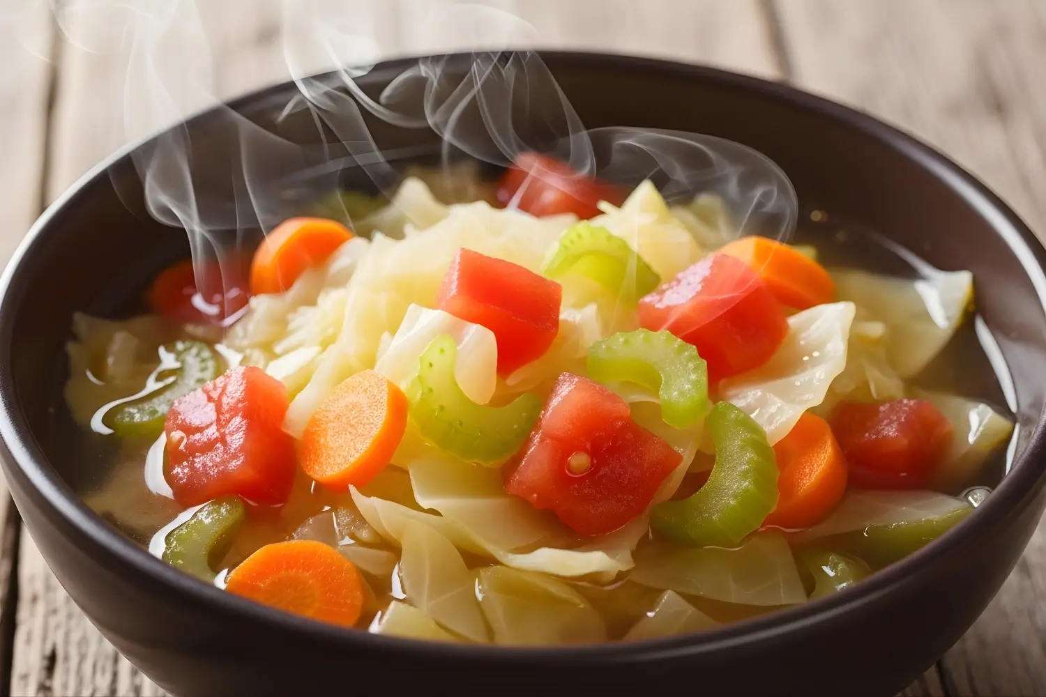 Steaming bowl of cabbage vegetable soup with carrots, celery, and tomatoes for Cabbage Soup Diet Recipe