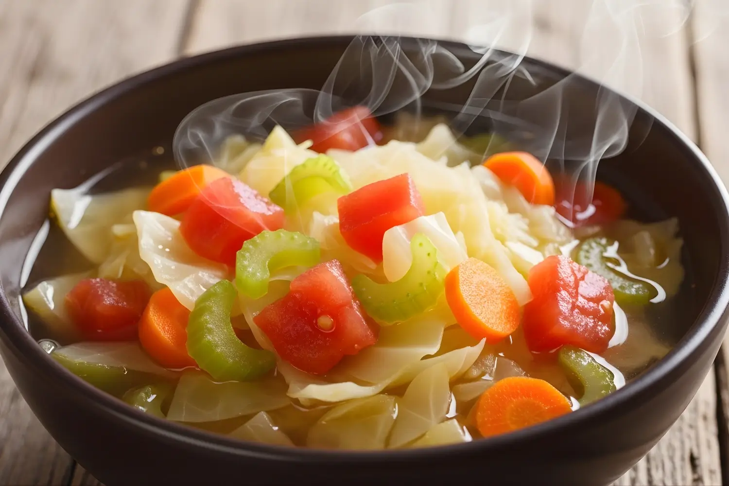 Steaming bowl of cabbage vegetable soup with carrots, celery, and tomatoes for Cabbage Soup Diet Recipe