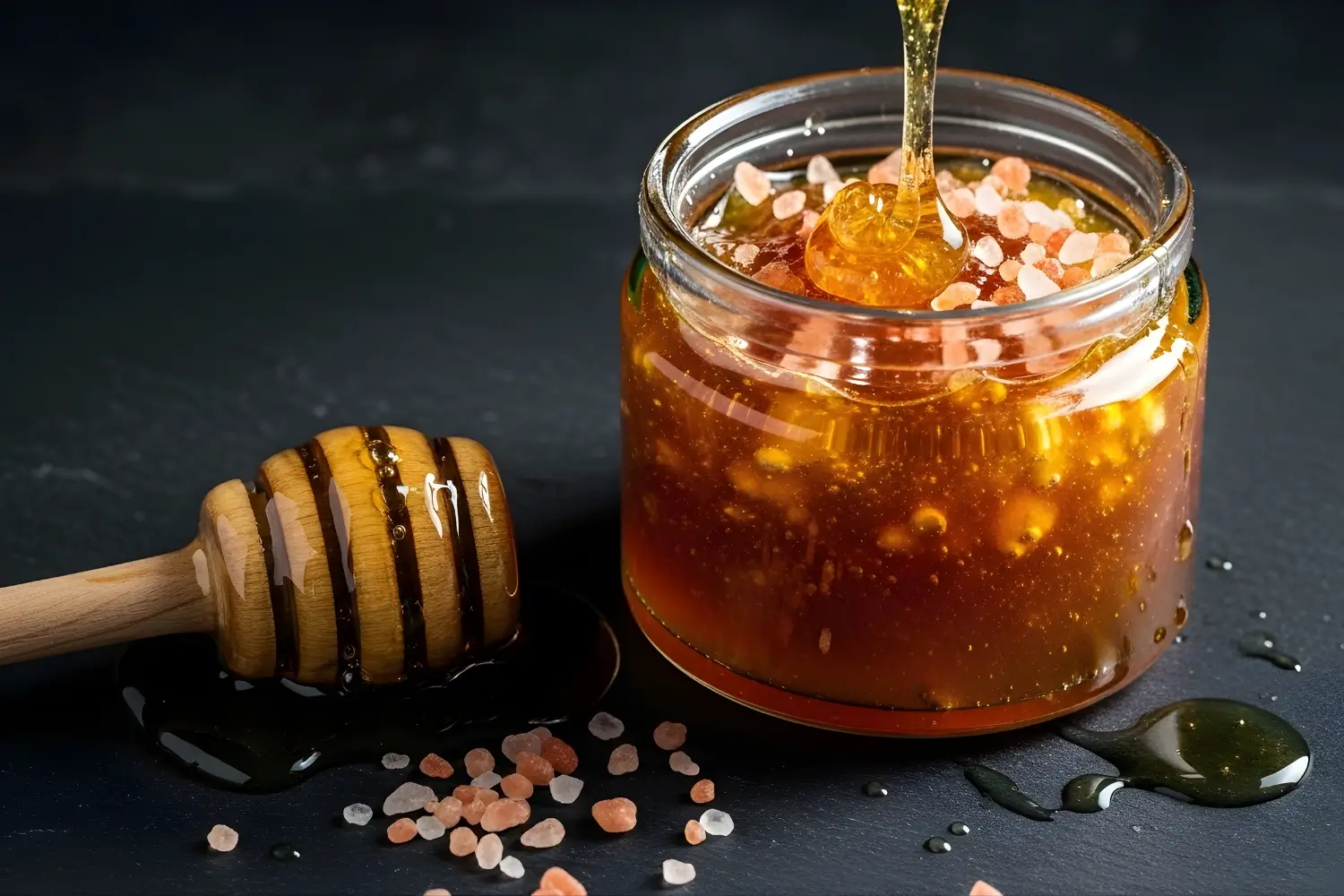 Canaan Honey Trick Recipe with raw honey dripping into a glass jar topped with pink Himalayan salt and wooden dipper