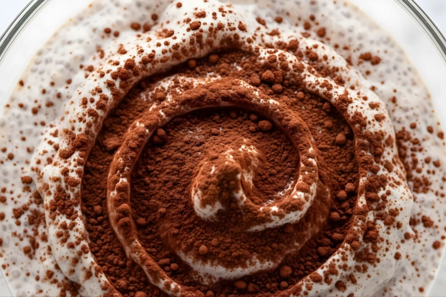 Low calorie chia pudding topped with creamy yogurt swirl and cocoa powder dusting close up