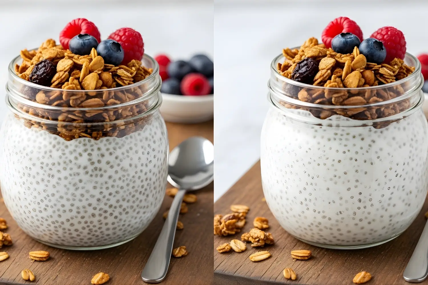 Low calorie chia pudding topped with crunchy granola, blueberries, and raspberries in a glass jar