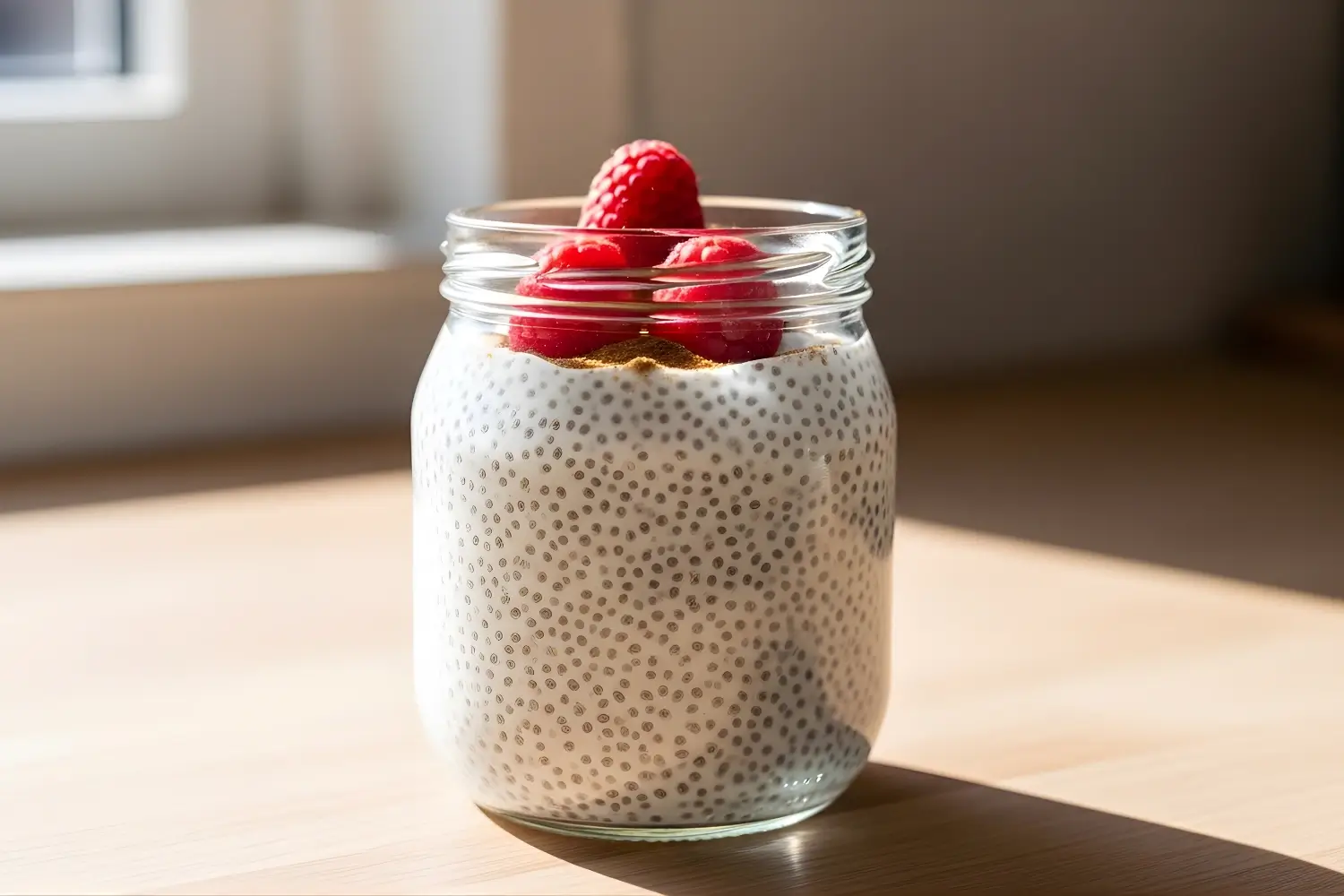 Low calorie chia pudding in a glass jar topped with fresh raspberries and a sprinkle of cinnamon