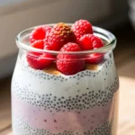 Low calorie chia pudding layered with raspberry puree and topped with fresh raspberries in a glass jar