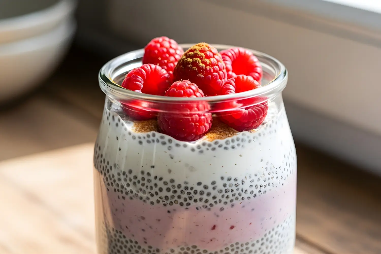 Low calorie chia pudding layered with raspberry puree and topped with fresh raspberries in a glass jar