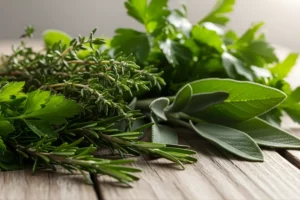 Essential Herbs for Rustic Cooking featuring fresh rosemary, sage, thyme, and parsley on a rustic wooden surface