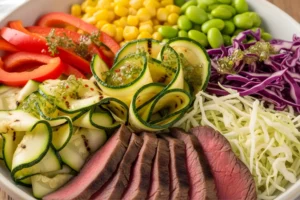 High Protein Low Calorie Density Meals bowl with sliced steak, grilled zucchini, corn, edamame, cabbage, and fresh vegetables