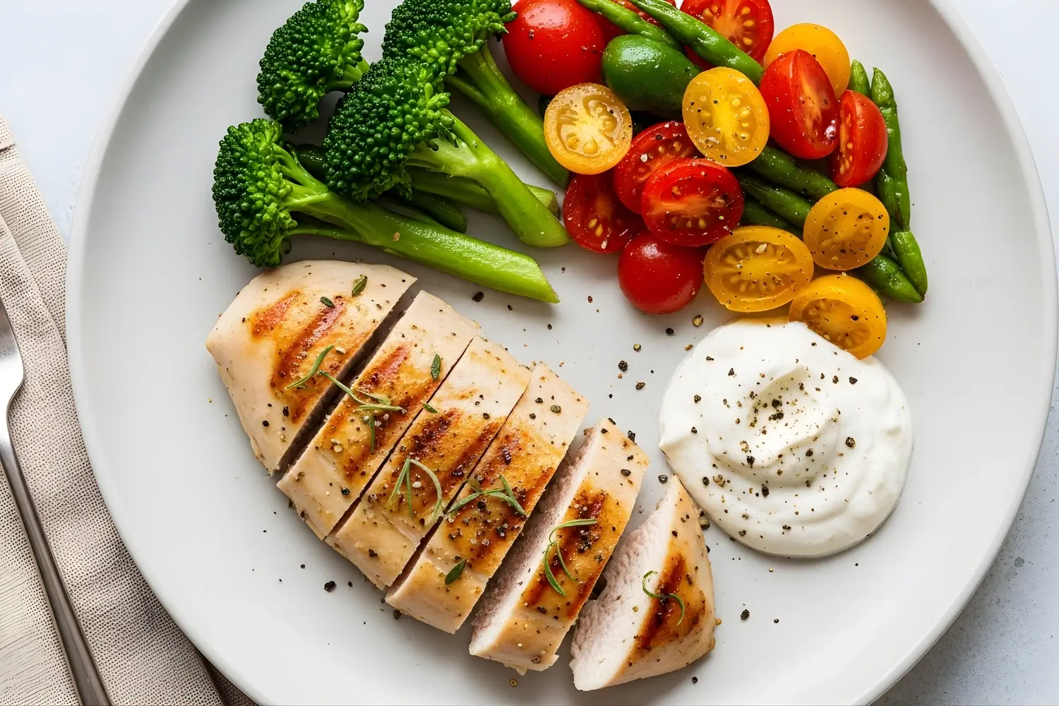 How to Naturally Blunt Glucose Spikes with a balanced plate of grilled chicken, broccoli, tomatoes, and yogurt