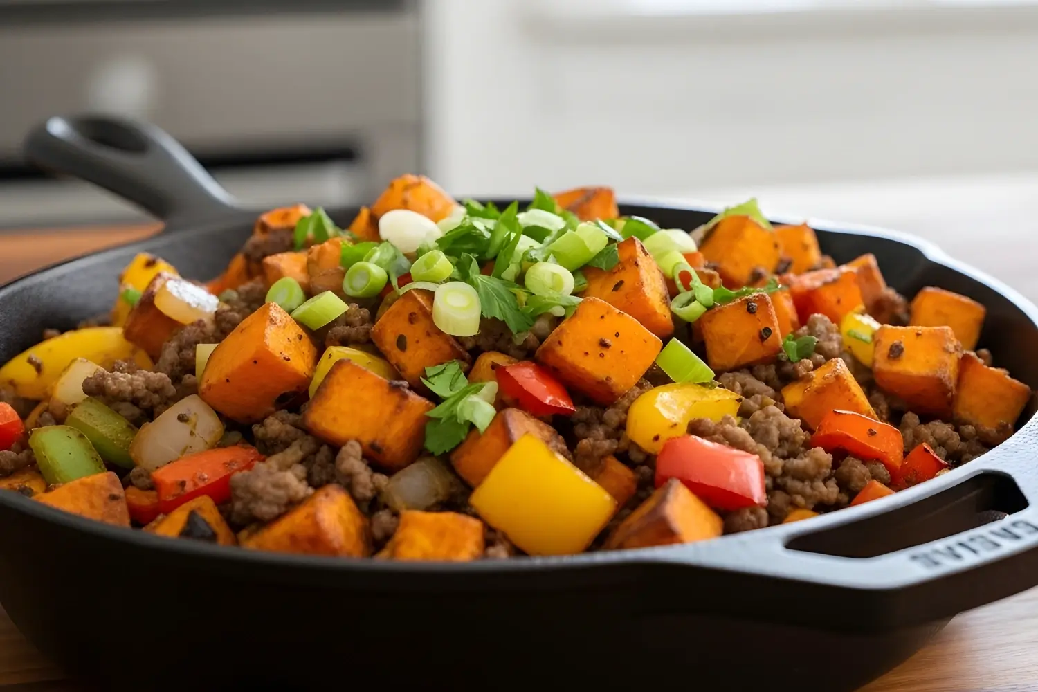 Sweet Potato Ground Beef Hash cooked in a skillet with roasted sweet potatoes, ground beef, bell peppers, and fresh green onions
