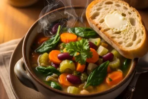 Comfort-first weight loss recipes vegetable bean soup with carrots, celery, spinach, and kidney beans served with buttered bread