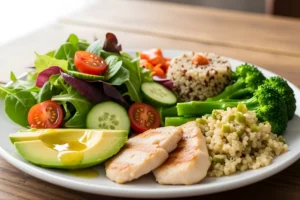 Nutrient dense mini-meals for low appetite with grilled chicken, quinoa, avocado, broccoli, and fresh salad