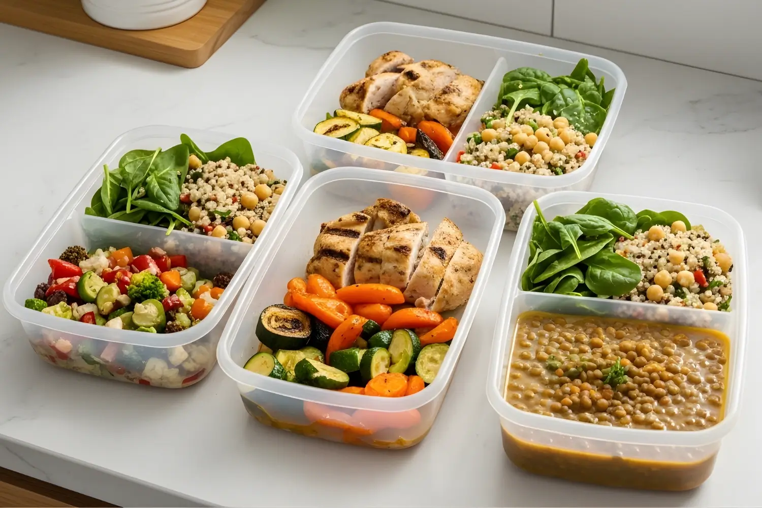 Healthy meal prep boxes with grilled chicken, quinoa salad, chickpeas, vegetables and lentil soup for weight loss recipes for leftovers