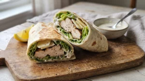 Chicken Caesar Salad Wrap filled with grilled chicken, crisp romaine lettuce, shaved Parmesan cheese, creamy Caesar dressing, and wrapped in a soft flour tortilla.