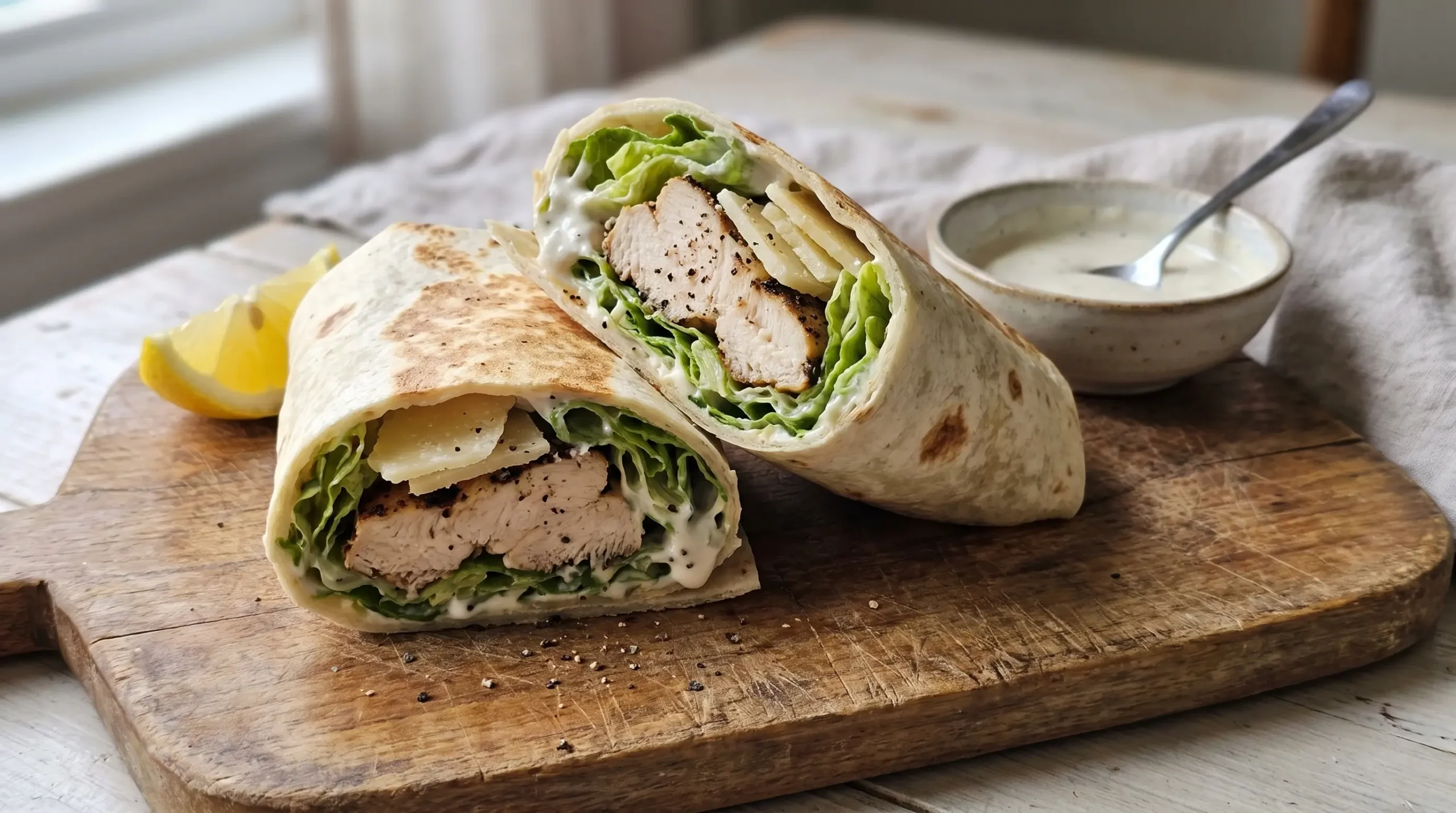 Chicken Caesar Salad Wrap filled with grilled chicken, crisp romaine lettuce, shaved Parmesan cheese, creamy Caesar dressing, and wrapped in a soft flour tortilla.
