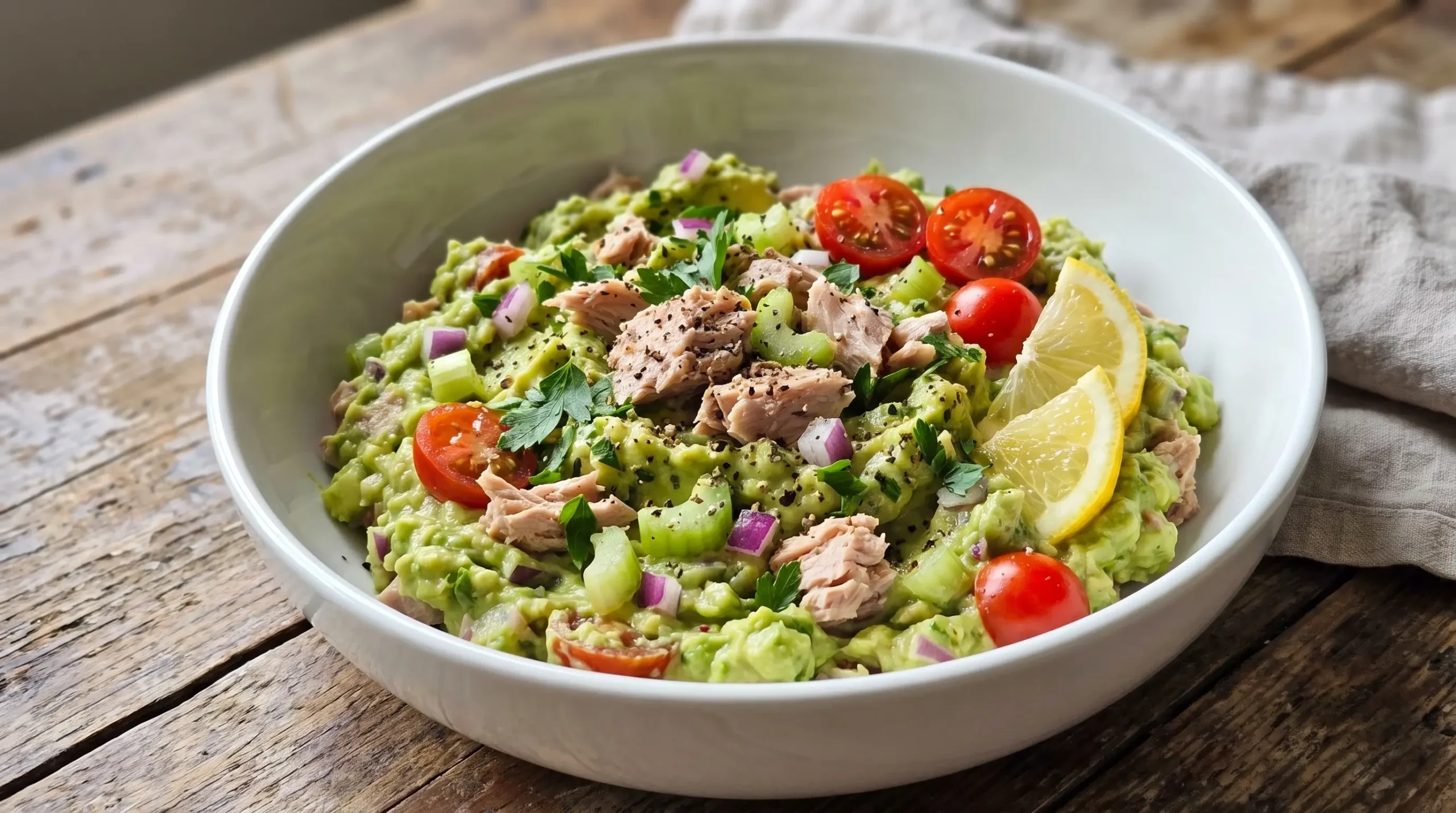 Creamy Avocado Tuna Salad with tuna, mashed avocado, cherry tomatoes, cucumber, red onion, fresh parsley, lemon wedges, and black pepper in a healthy bowl.