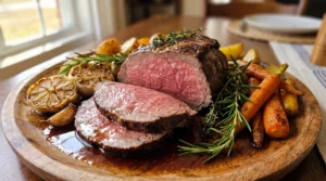 Melt in Your Mouth Roast Beef Recipe served with juicy sliced roast beef, roasted carrots, potatoes, garlic, fresh rosemary, thyme, and rich pan gravy on a wooden platter.
