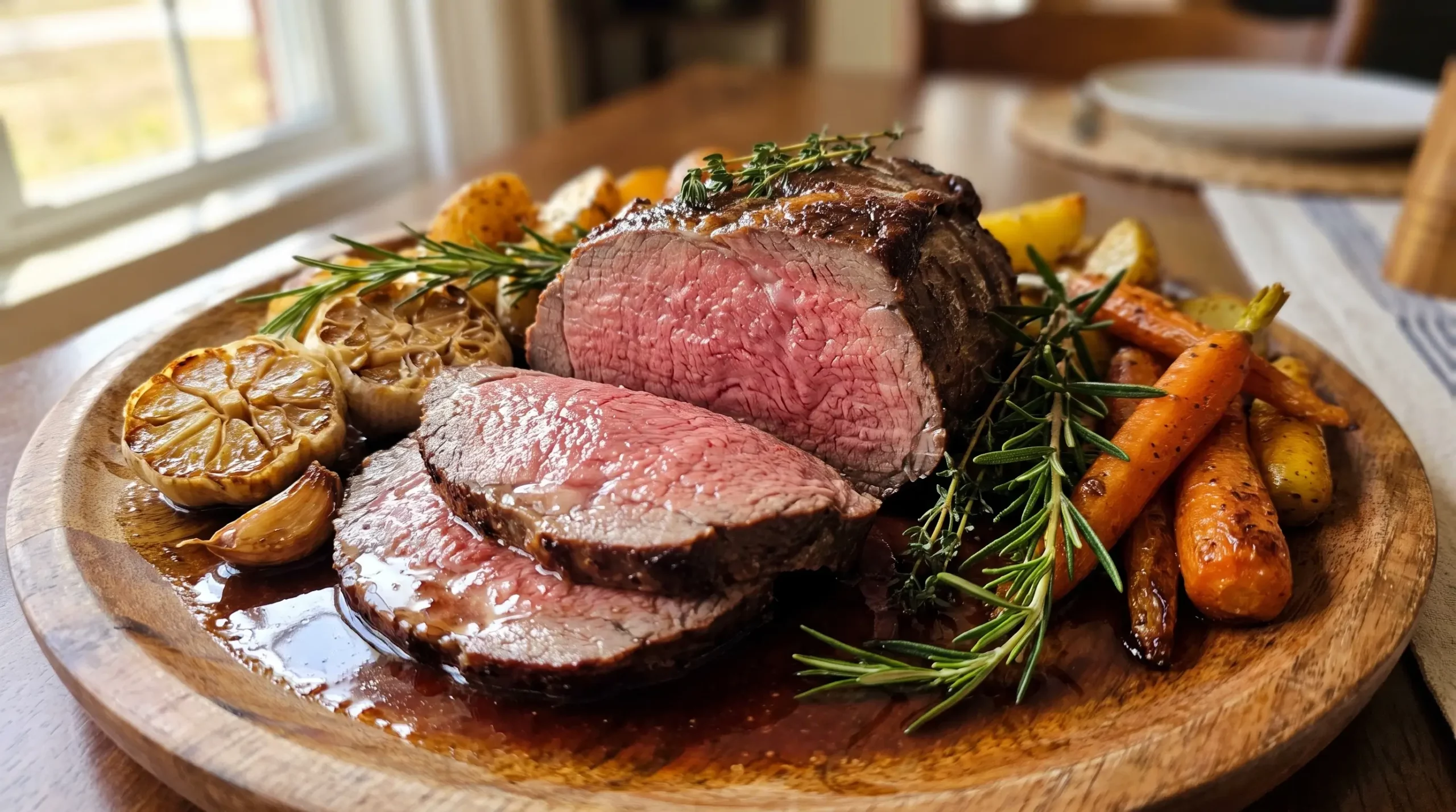 Melt in Your Mouth Roast Beef Recipe served with juicy sliced roast beef, roasted carrots, potatoes, garlic, fresh rosemary, thyme, and rich pan gravy on a wooden platter.