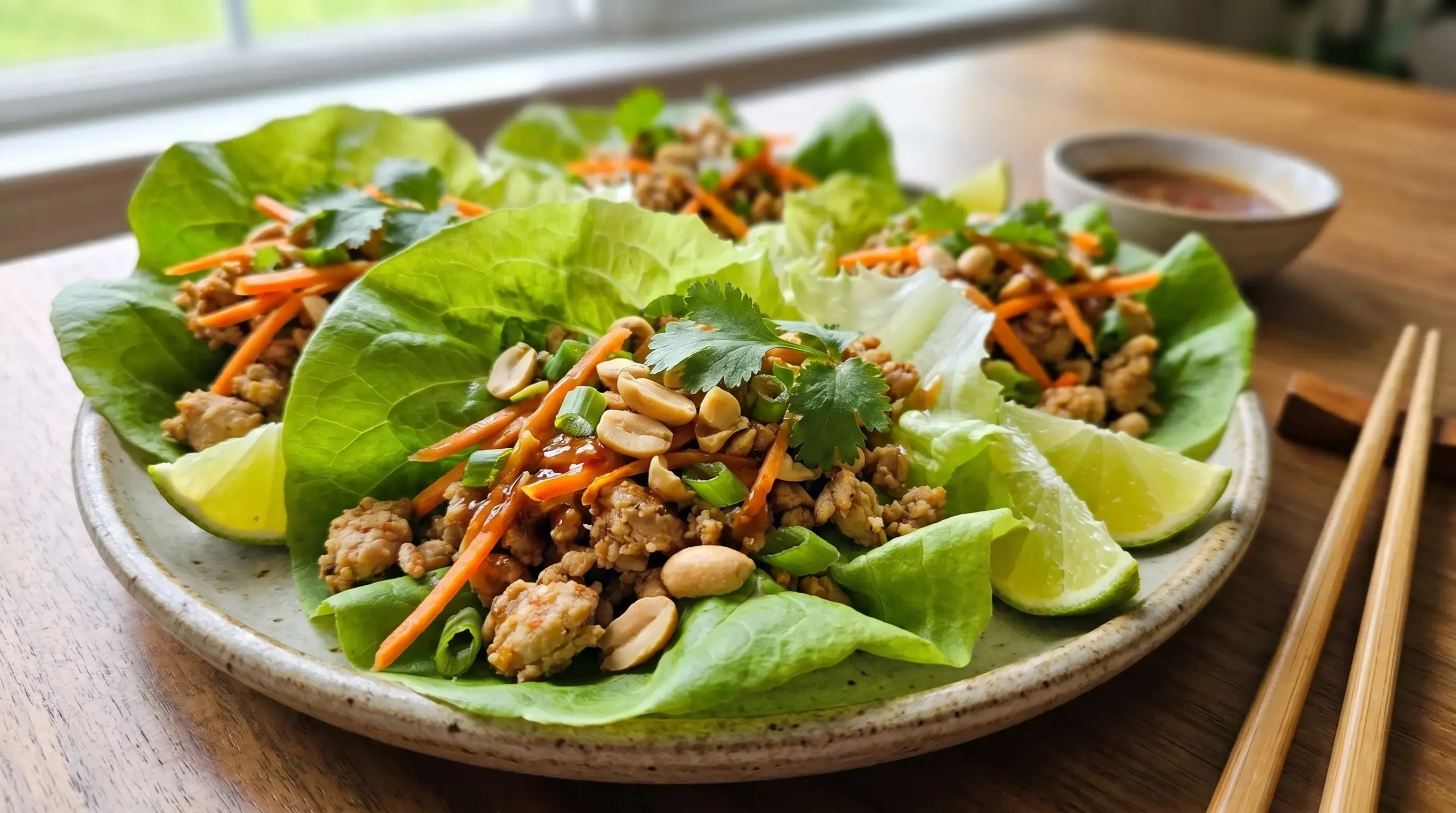 Thai Chicken Lettuce Wraps filled with seasoned ground chicken, shredded carrots, green onions, chopped peanuts, fresh cilantro, and lime wedges served in crisp lettuce cups.